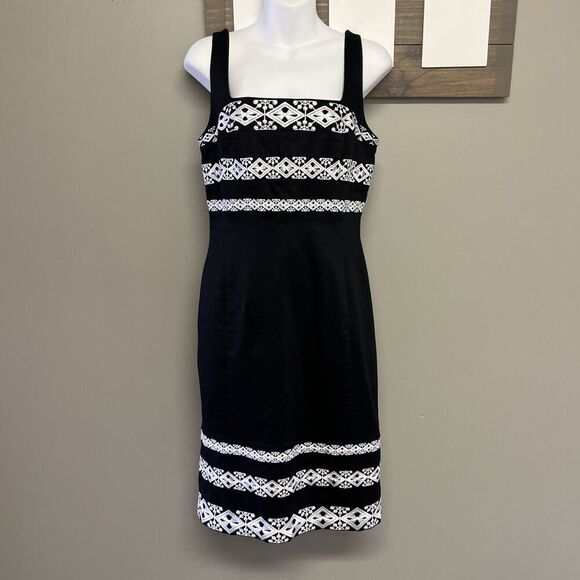 White House Black Market Dresses & Skirts - White House Black Market Black Dress Embroidered White Square Neck Strap- Size 6
